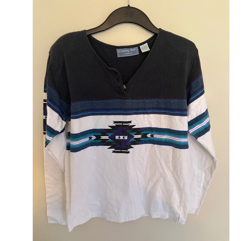 Country Tease Adobe Rose Southwestern Henley Shirt XL N255700 Black White Teal